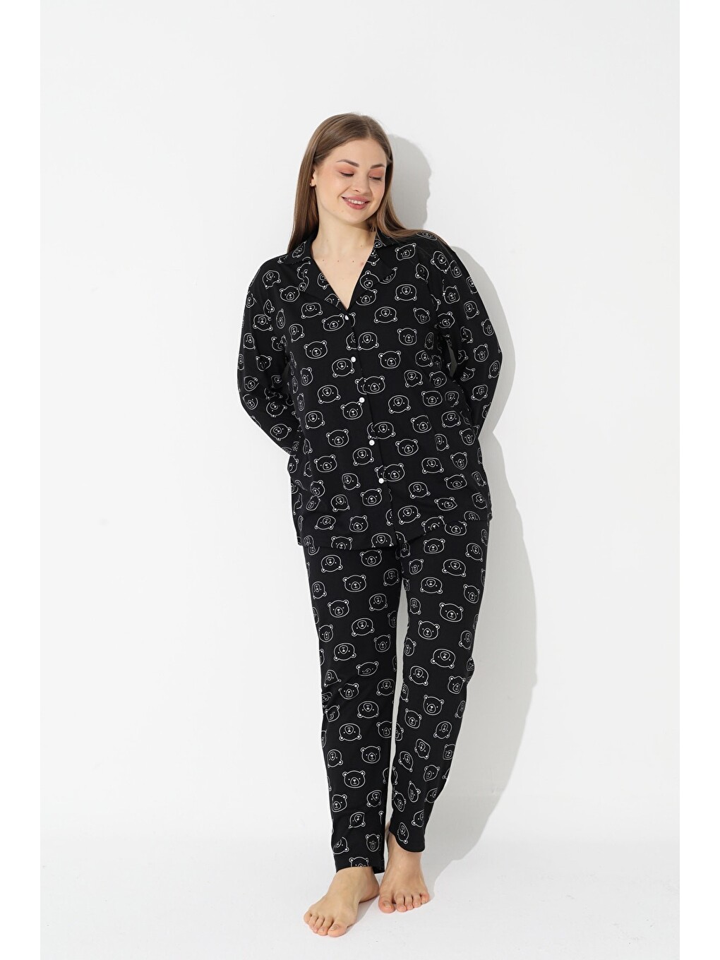 Siyah Curve Büyük Beden Battal Boy Düğmeli Pamuklu Pijama Takımı-1