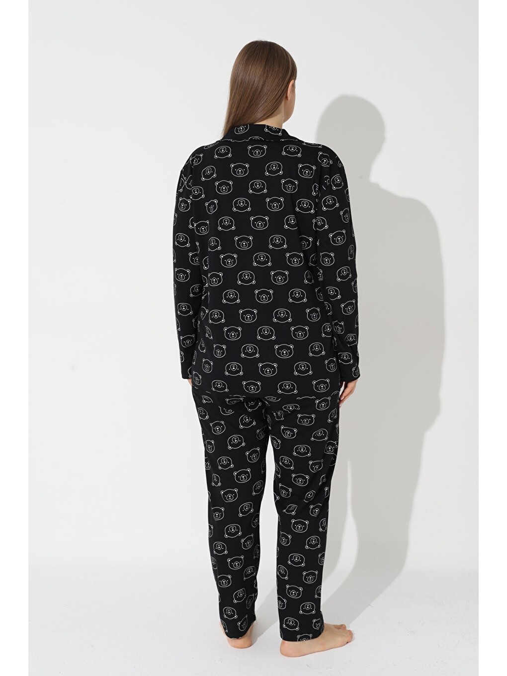 Siyah Curve Büyük Beden Battal Boy Düğmeli Pamuklu Pijama Takımı-2