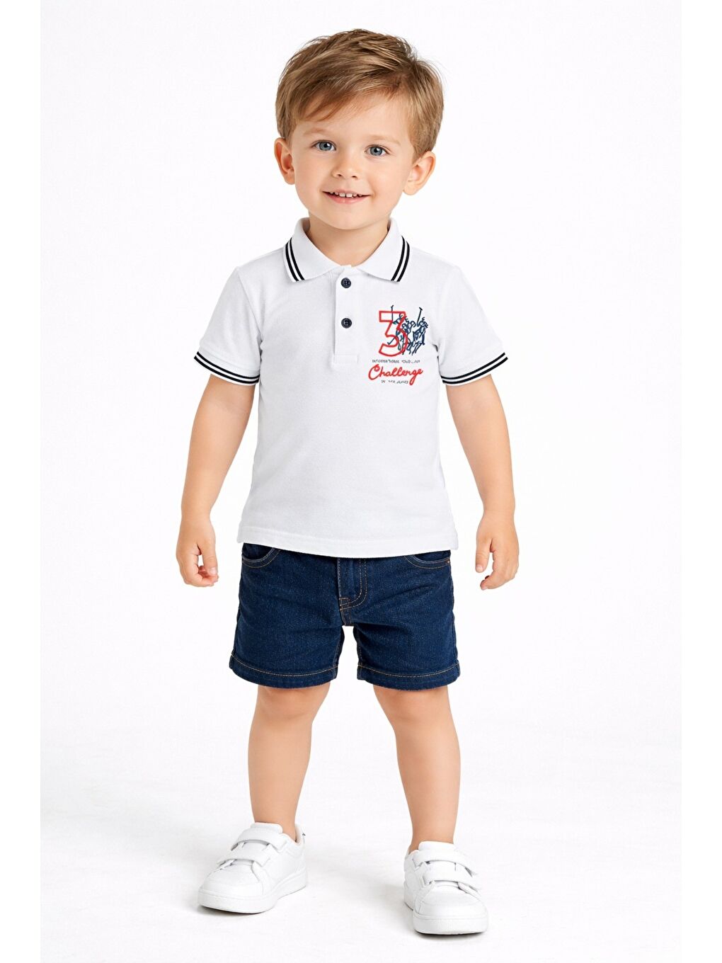 Beyaz Erkek Bebek Polo Yaka Turuncu Tişört Jean Şort 2’li Yazlık Takım