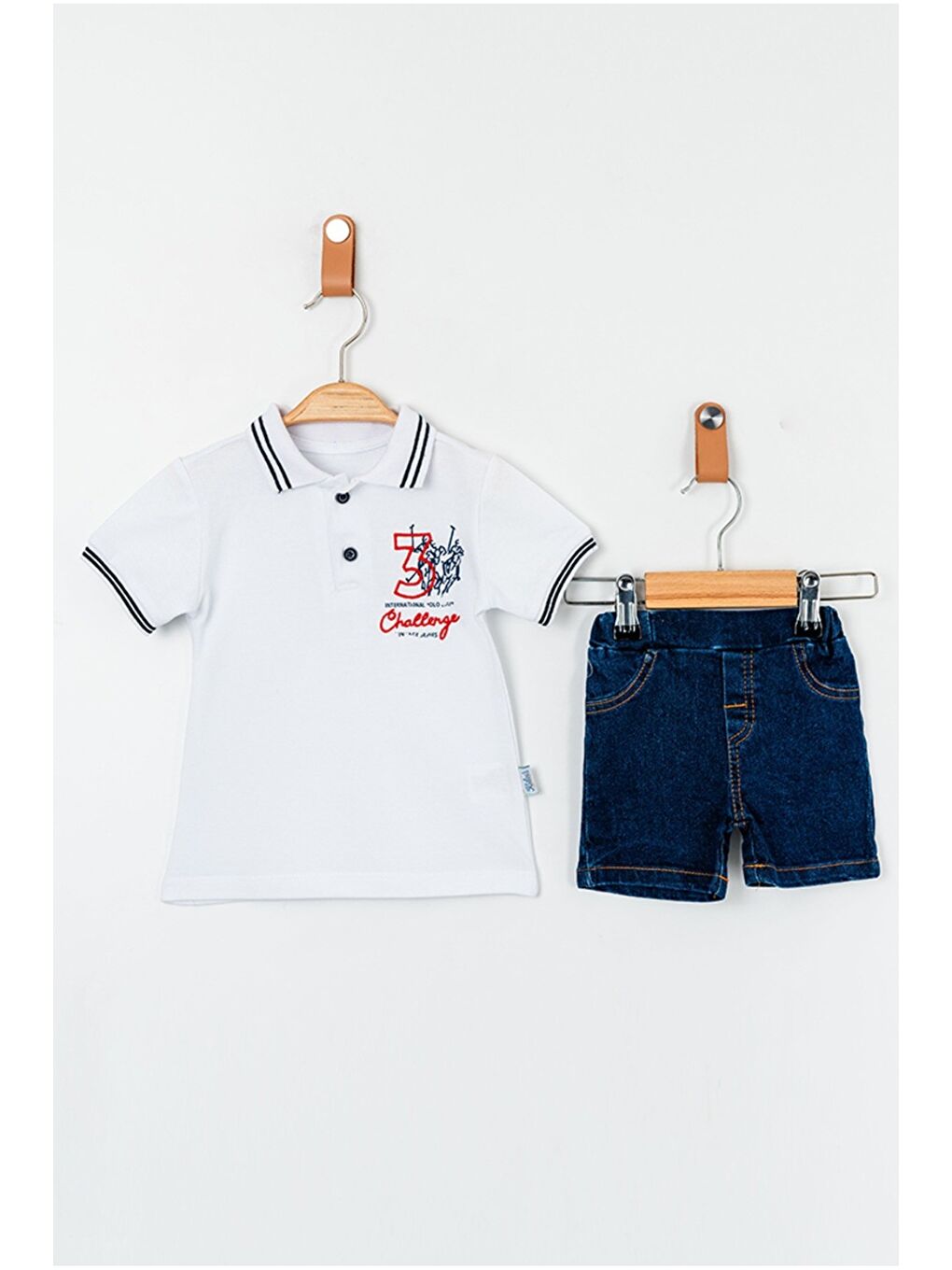 Beyaz Erkek Bebek Polo Yaka Turuncu Tişört Jean Şort 2’li Yazlık Takım-1