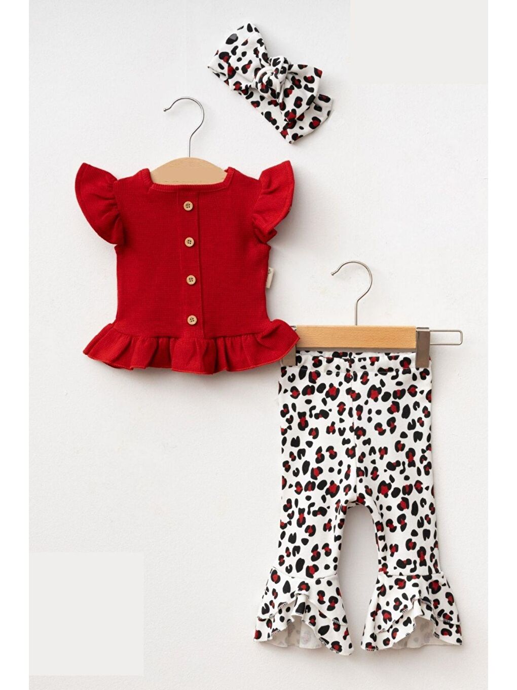 Kırmızı Kız Bebek Leopar Desenli Kolları Volanlı Bandanalı 3'Lü Takım