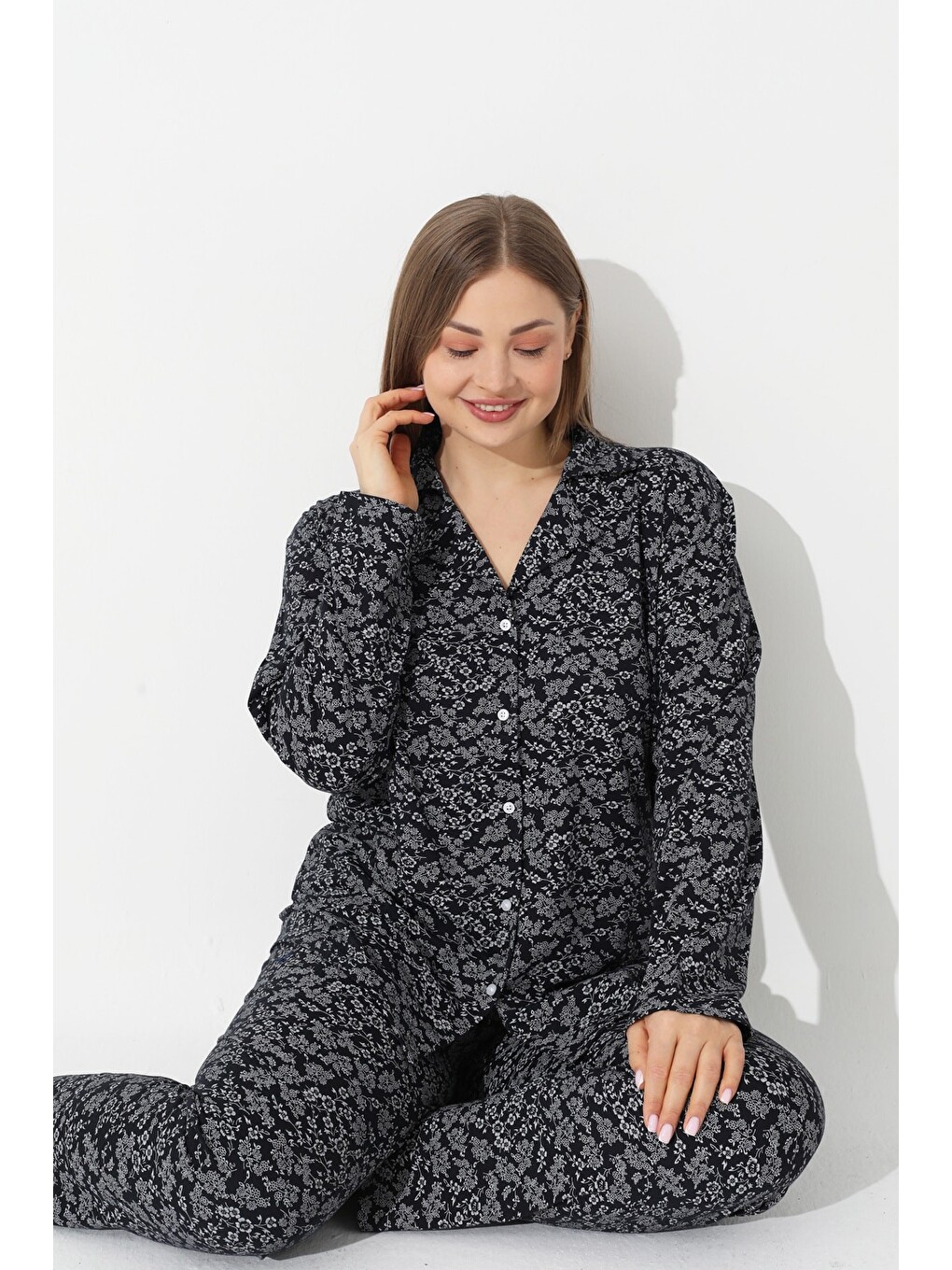 Karışık Curve Büyük Beden Battal Boy Düğmeli Pamuklu Pijama Takımı