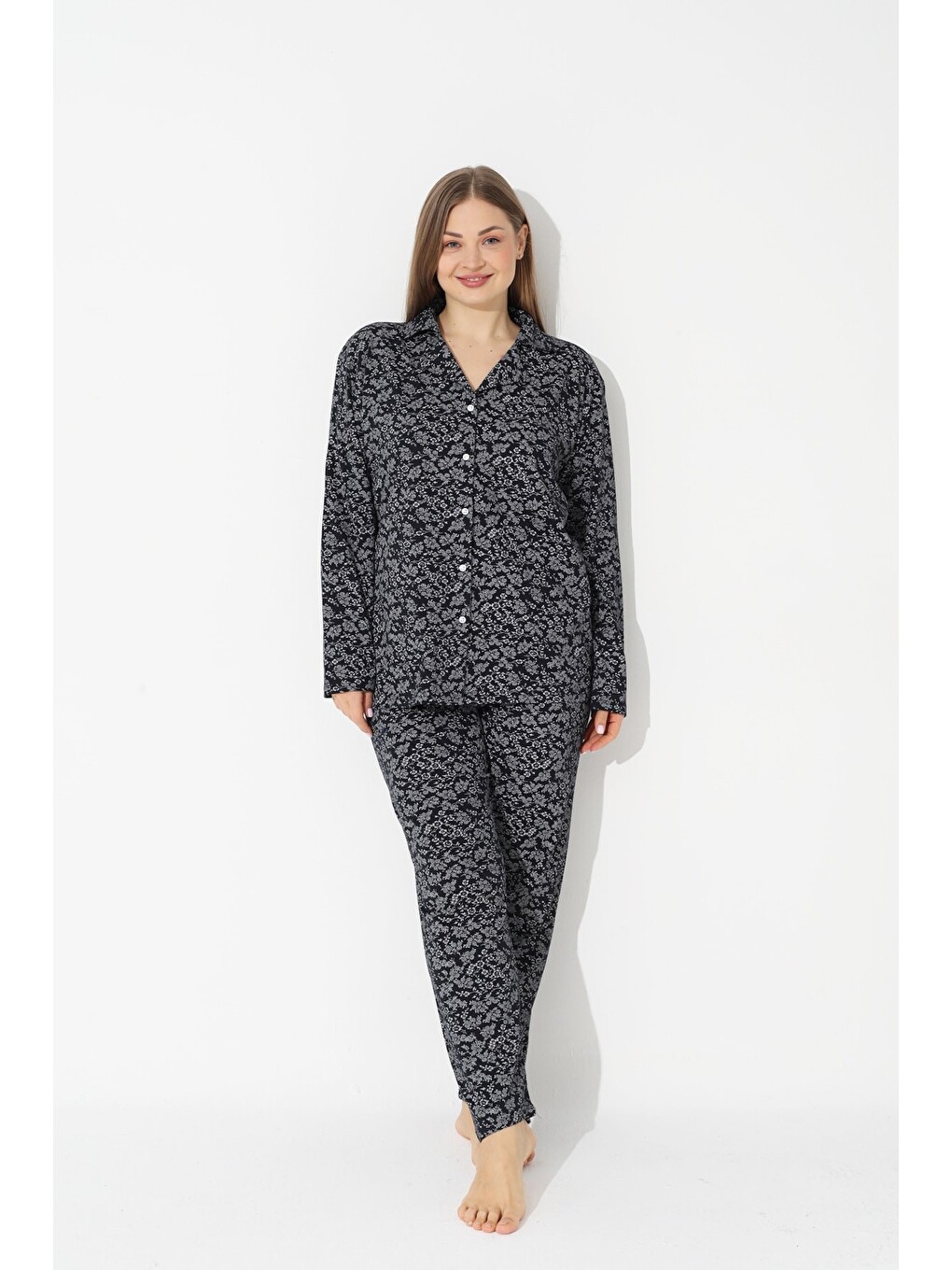 Karışık Curve Büyük Beden Battal Boy Düğmeli Pamuklu Pijama Takımı-1