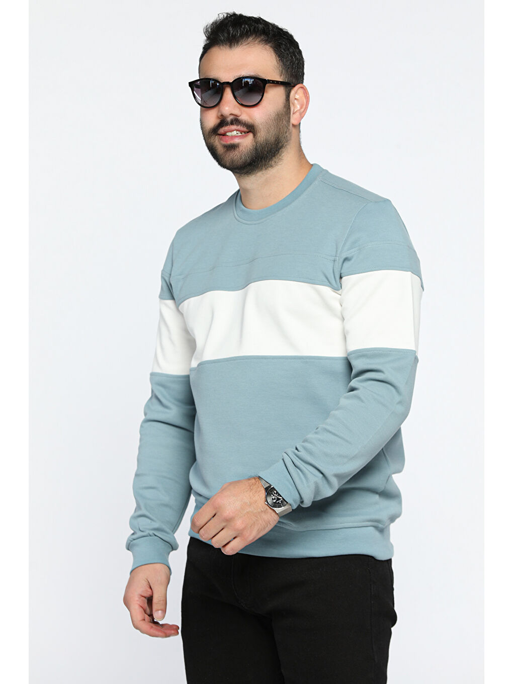 Mishar İtalia Mavi Bisiklet Yaka Renk Garnili Erkek Sweatshirt - 1