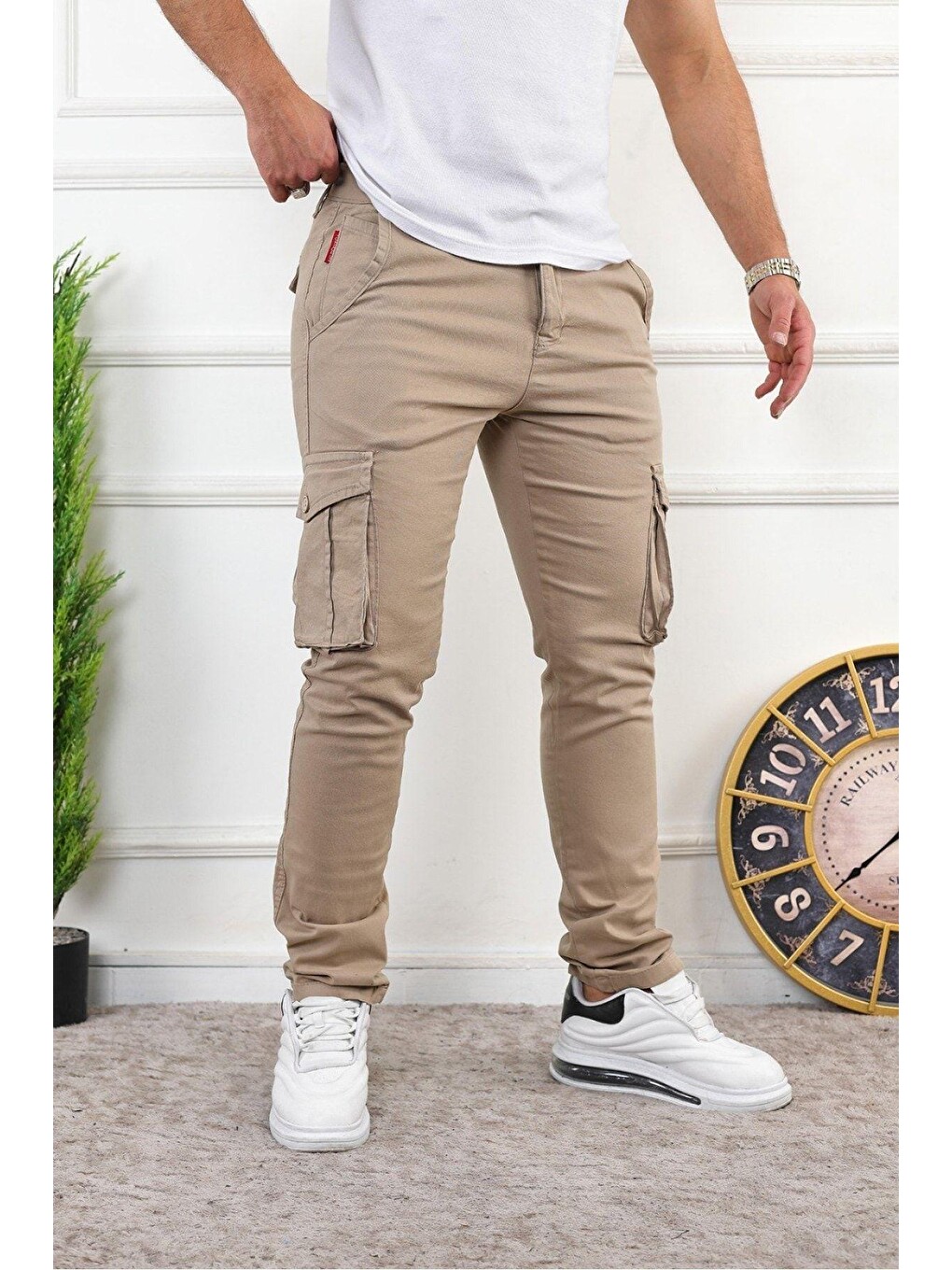 Bej Erkek Slim Fit Kargo Cepli Pantolon-1