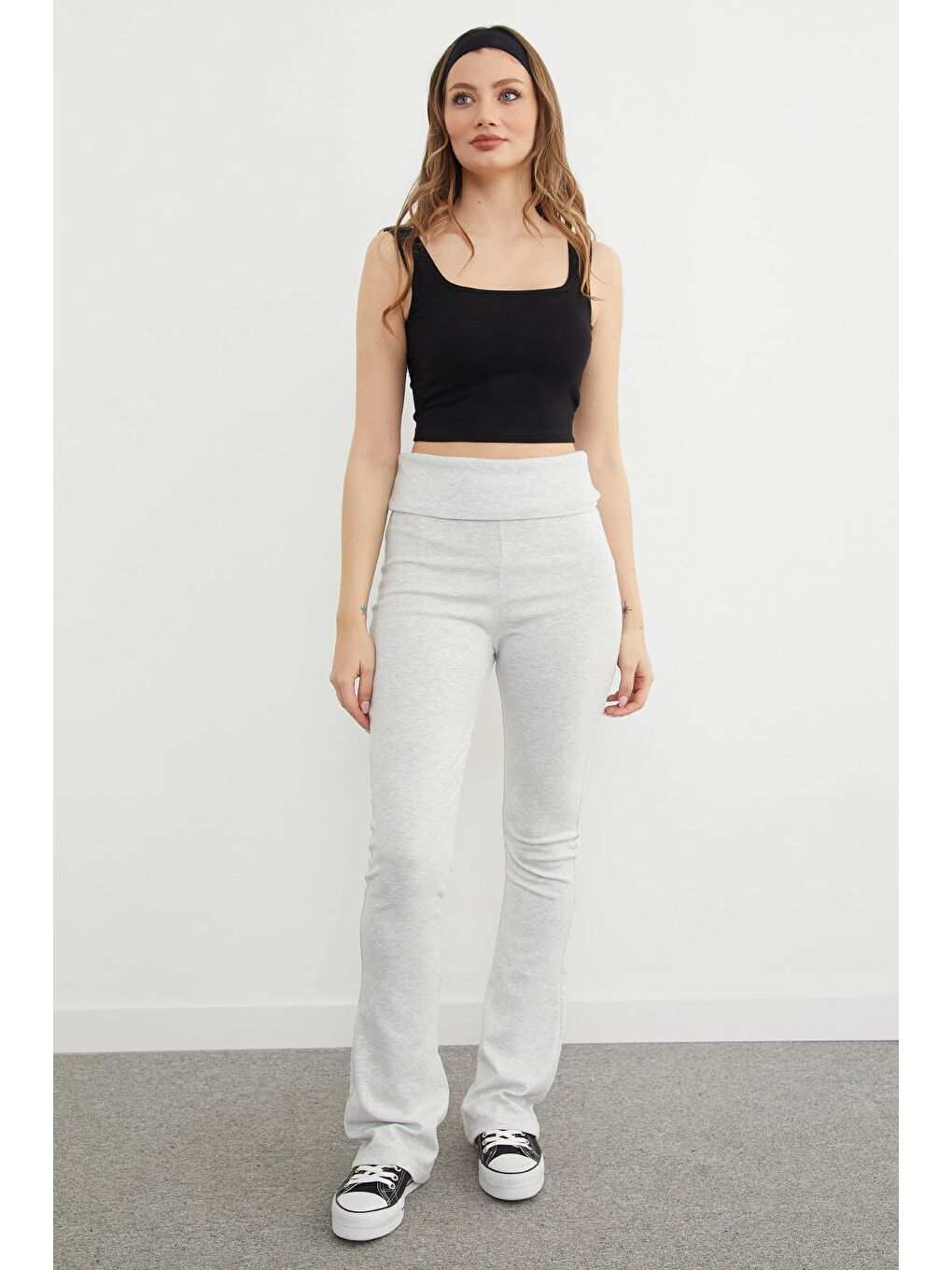 Gri Beli Katlamalı Flare Tayt Pantolon-2