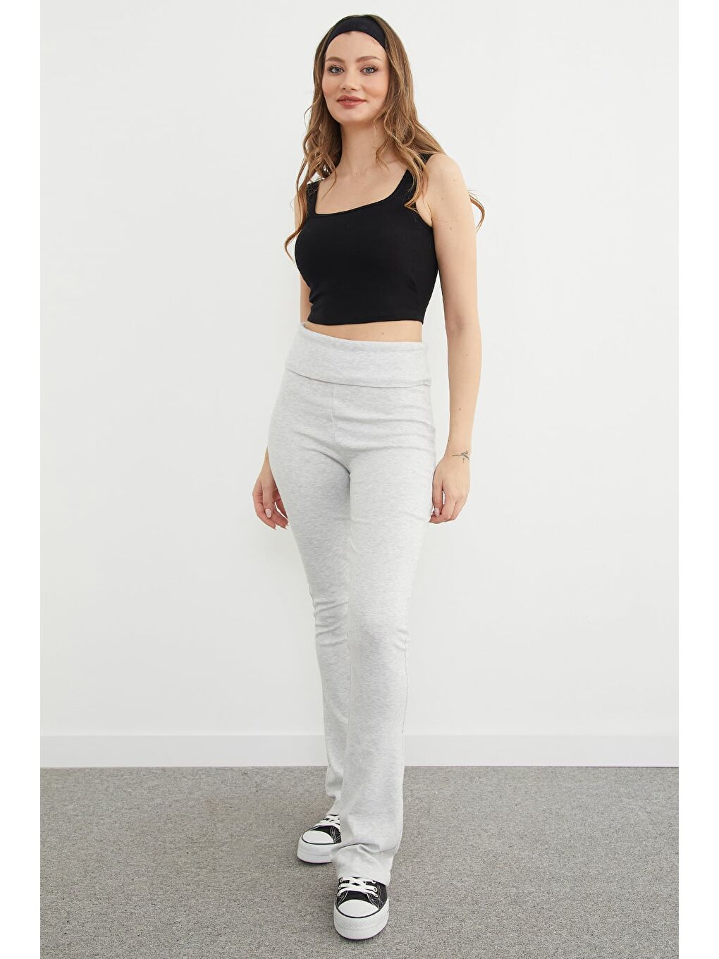 Gri Beli Katlamalı Flare Tayt Pantolon-3