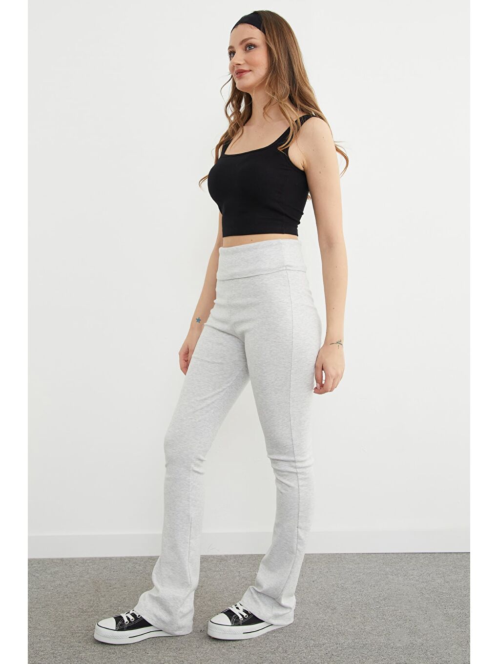 Gri Beli Katlamalı Flare Tayt Pantolon-4