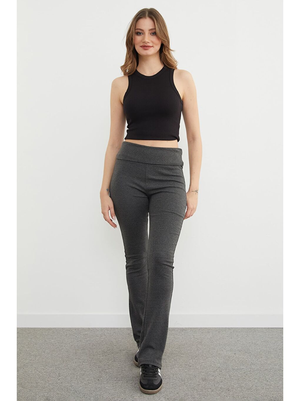 Antrasit Beli Katlamalı Flare Tayt Pantolon-4