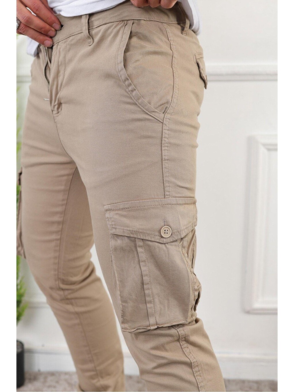 Bej Erkek Slim Fit Kargo Cepli Pantolon-2