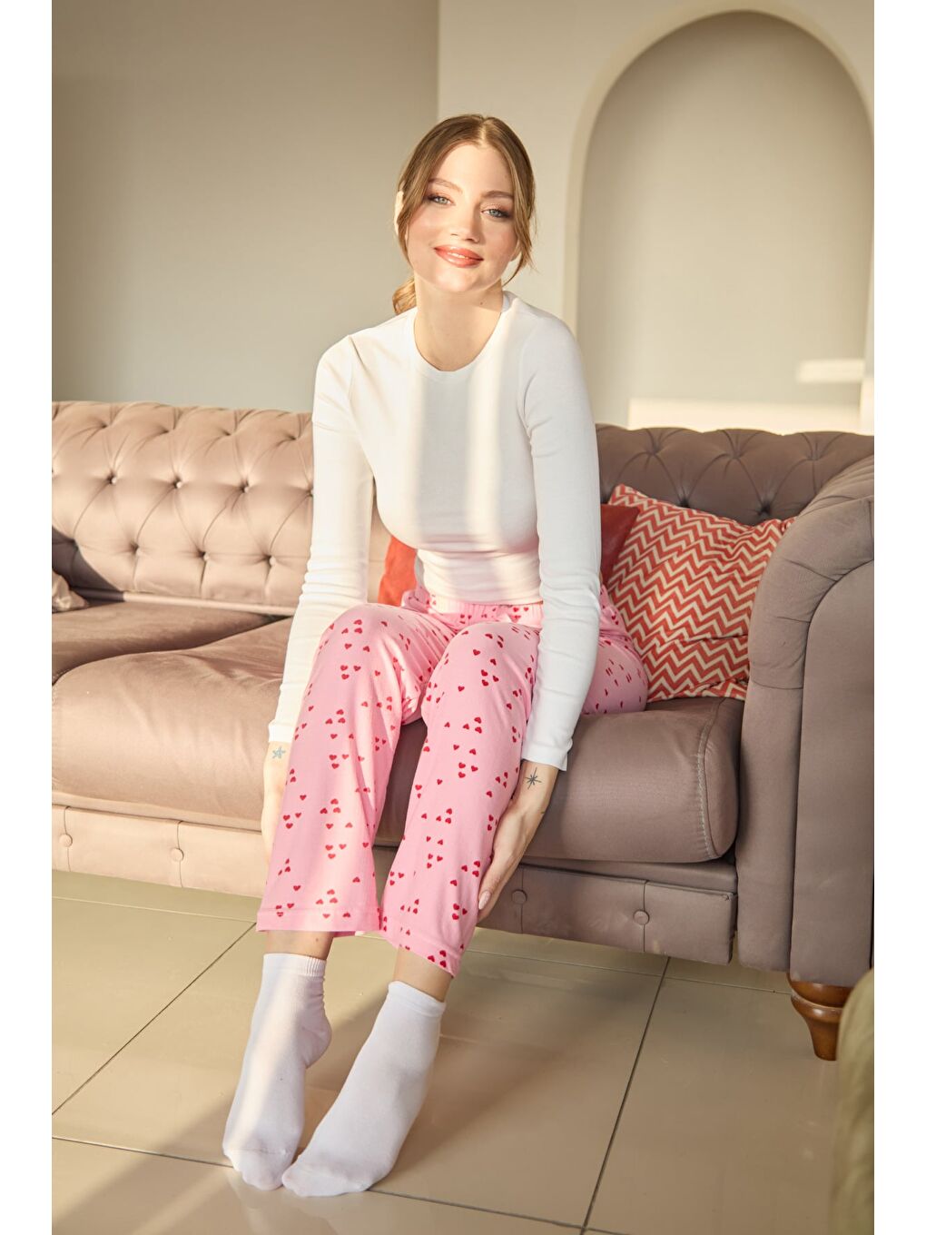 Kırmızı Kalp Desenli Süet Pijama Altı-3