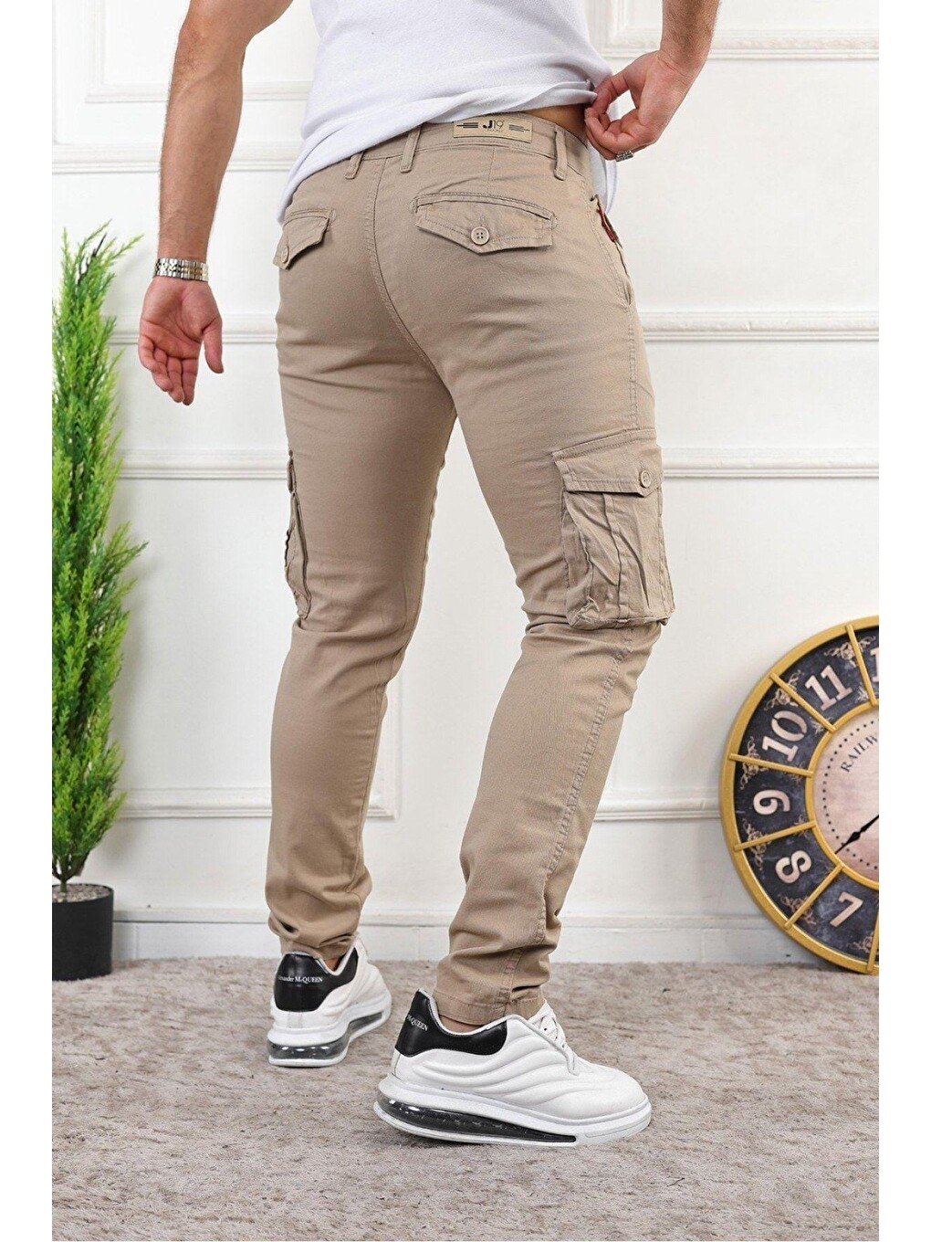 Bej Erkek Slim Fit Kargo Cepli Pantolon-3