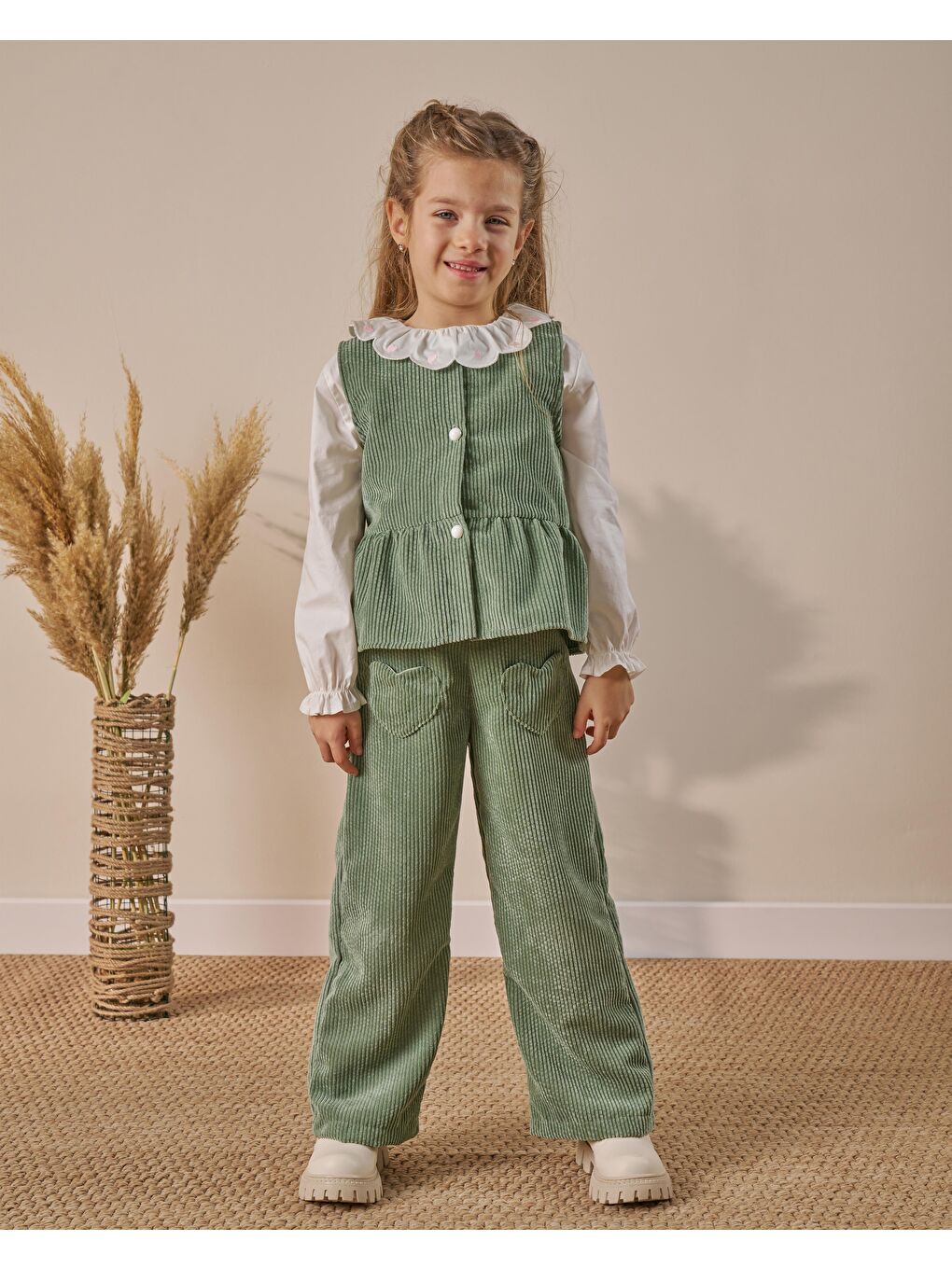 Kız Çocuk Pamuklu Yeşil Fitilli Yelekli Pantolon Takım – Gömlek Dahil 3'Lü-1
