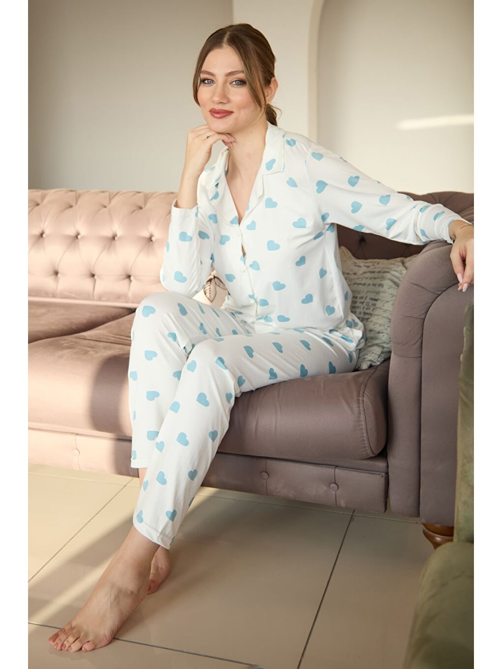 Turkuaz Leopar Desenli Polo Yaka Düğmeli Pijama Takımı-2