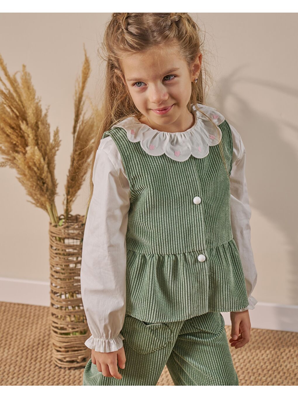 Kız Çocuk Pamuklu Yeşil Fitilli Yelekli Pantolon Takım – Gömlek Dahil 3'Lü-3