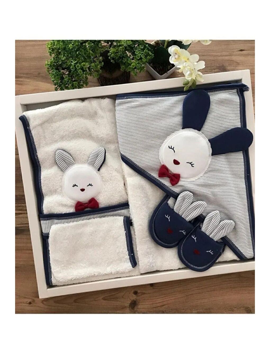 Cantoy Lacivert Kulaklı Tavşanlı Bebek Bornoz Seti - 1
