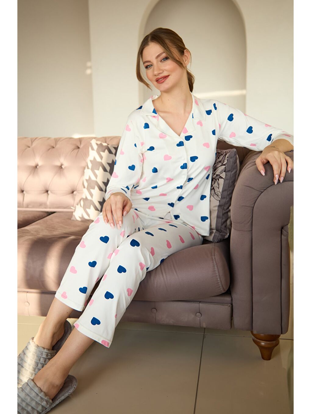 Lacivert Leopar Desenli Polo Yaka Düğmeli Pijama Takımı-2