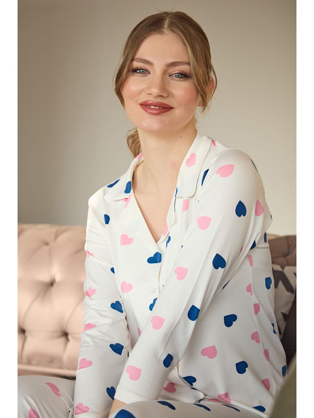 Lacivert Leopar Desenli Polo Yaka Düğmeli Pijama Takımı-4