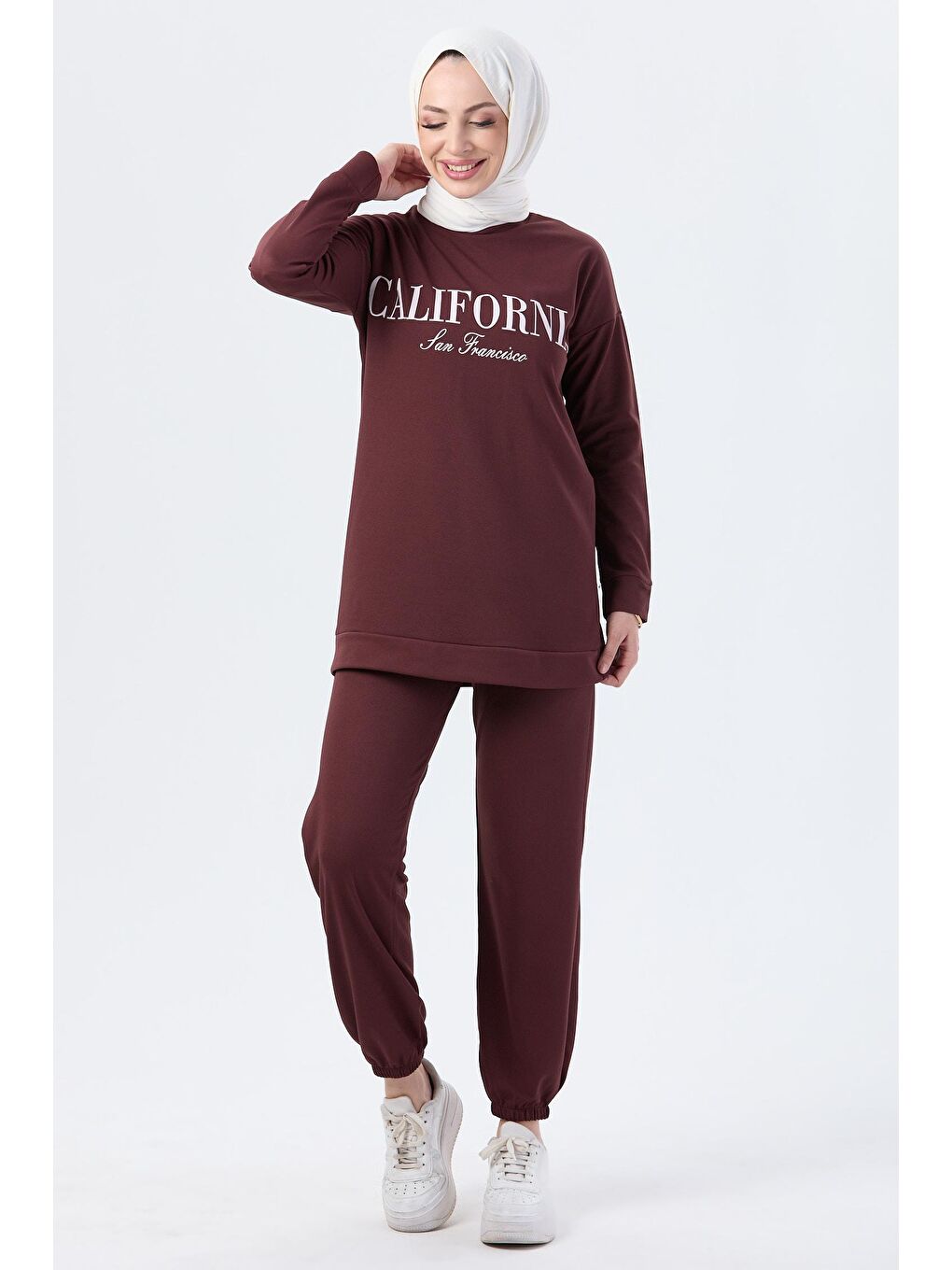 Bisiklet Yaka Kadın Kahverengi Tunik Pantolon - 13046-1