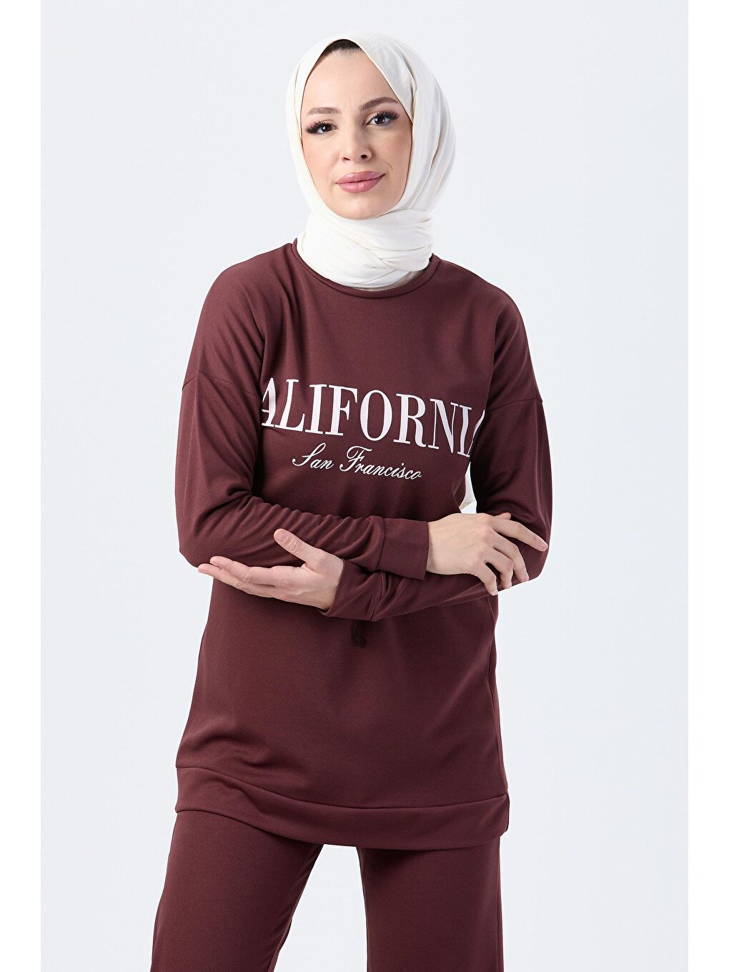 Bisiklet Yaka Kadın Kahverengi Tunik Pantolon - 13046-3