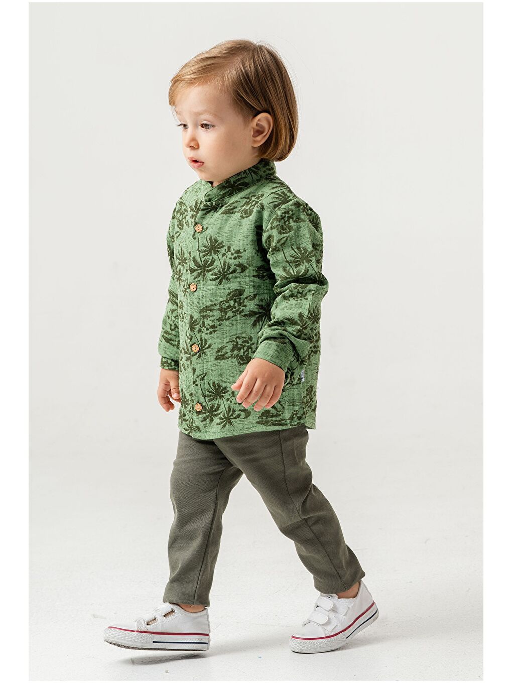 Haki Palmiye Desenli Müslin Gömlekli 2'li Alt Üst Takım-1