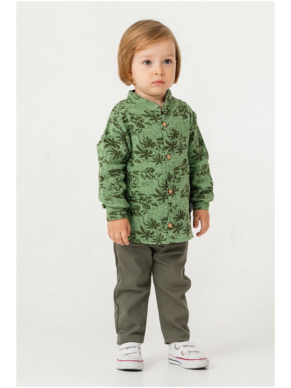 Haki Palmiye Desenli Müslin Gömlekli 2'li Alt Üst Takım-2