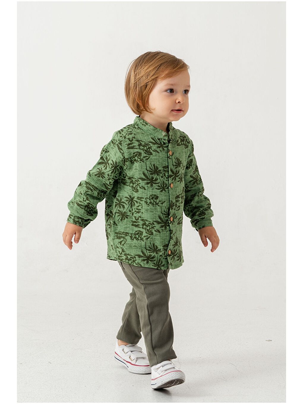 Haki Palmiye Desenli Müslin Gömlekli 2'li Alt Üst Takım-3