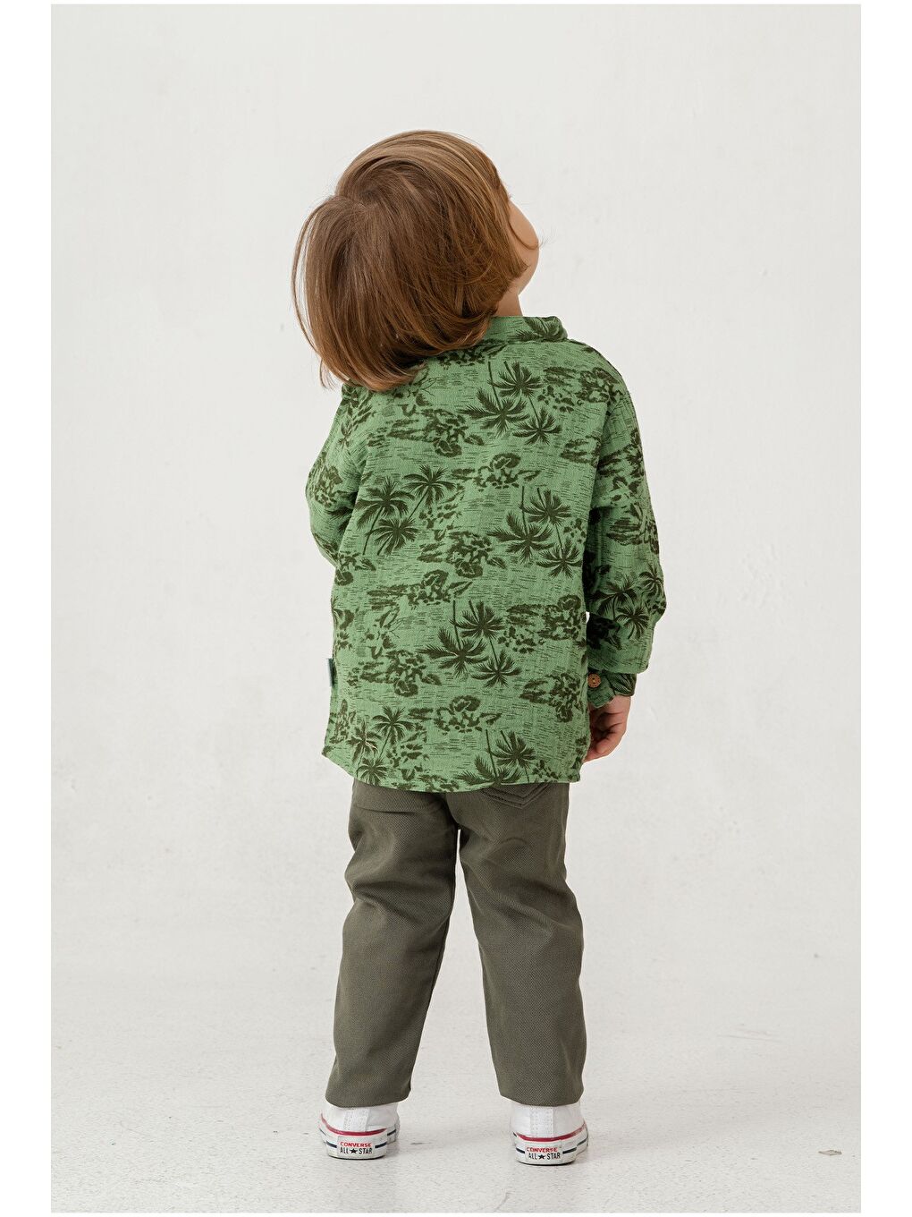 Haki Palmiye Desenli Müslin Gömlekli 2'li Alt Üst Takım-4