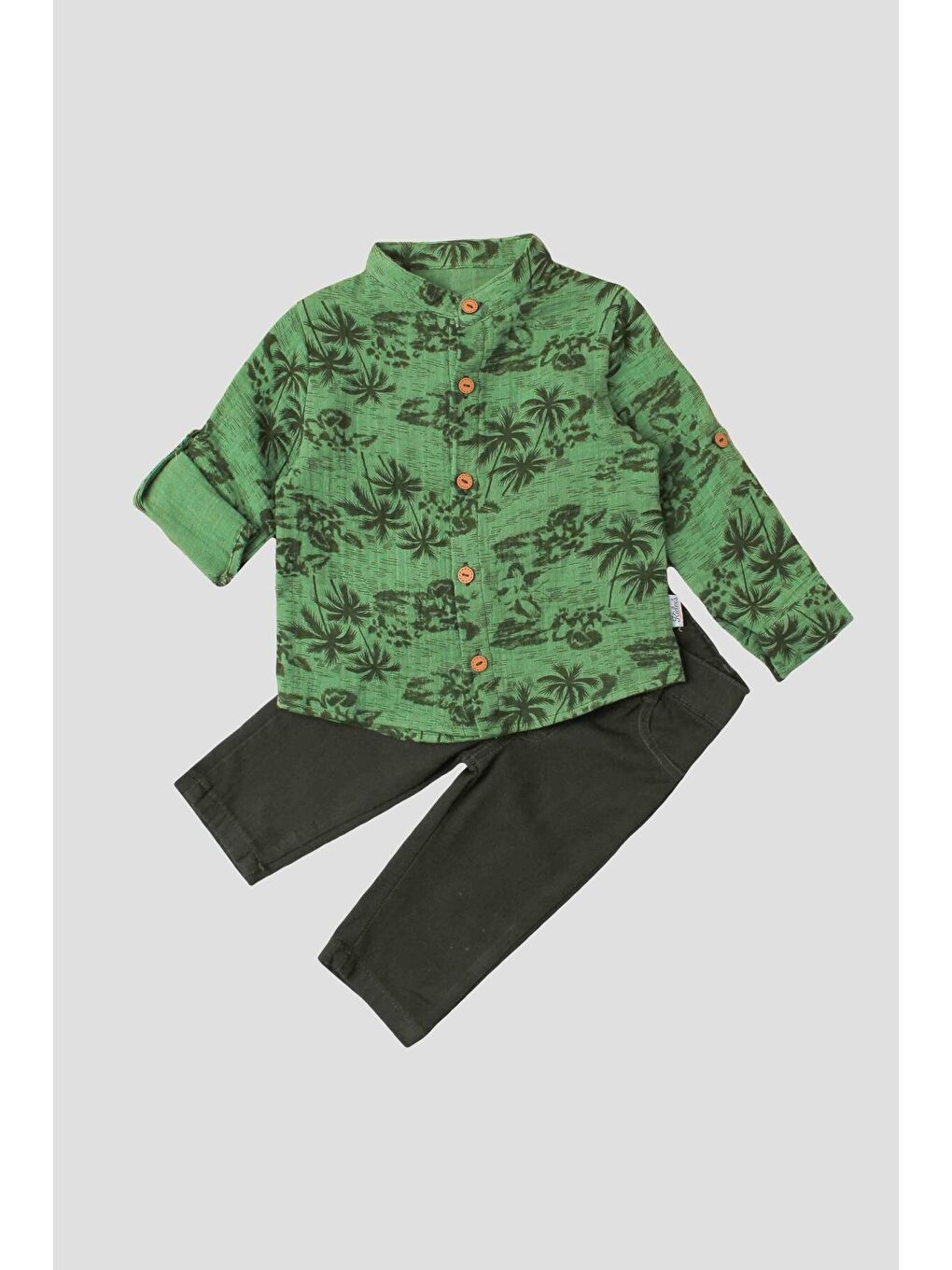 Haki Palmiye Desenli Müslin Gömlekli 2'li Alt Üst Takım-5
