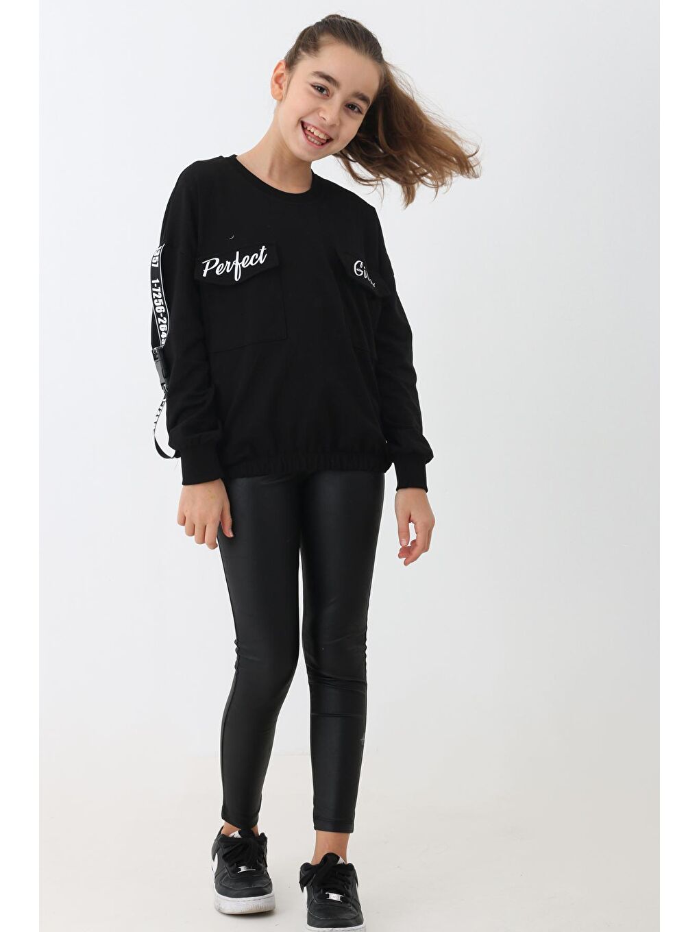 Siyah Kız Çocuk Perfect Yazı Baskılı Oversize Sweatshirt 14174-1