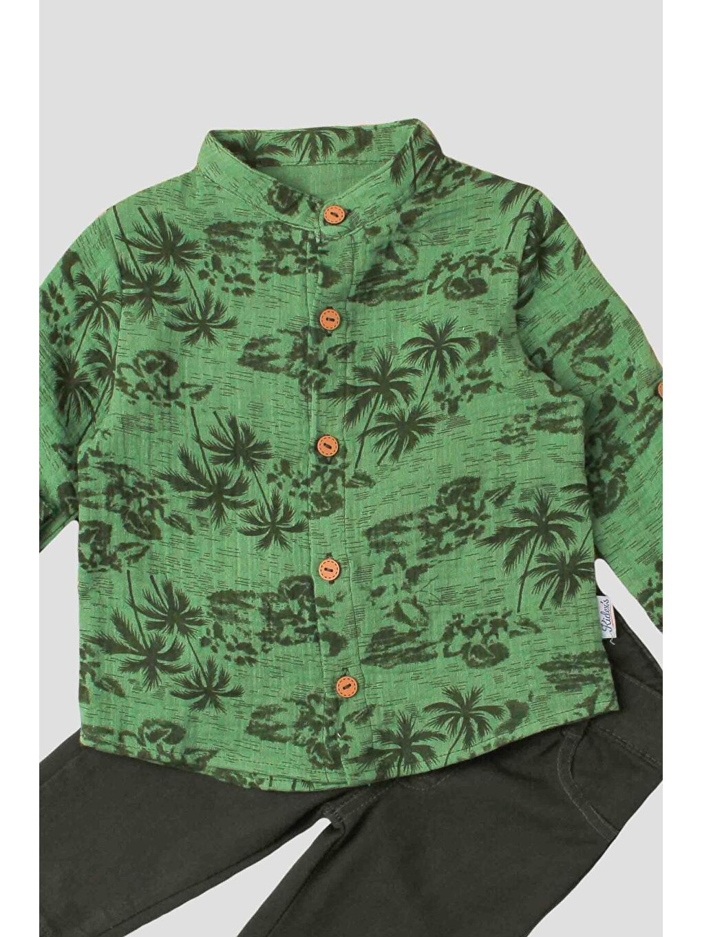 Haki Palmiye Desenli Müslin Gömlekli 2'li Alt Üst Takım-7