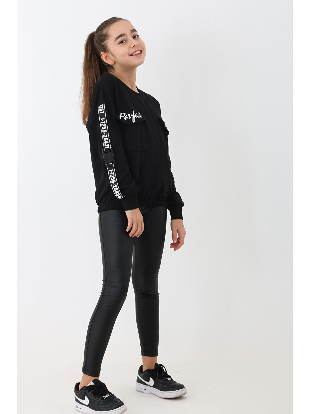Siyah Kız Çocuk Perfect Yazı Baskılı Oversize Sweatshirt 14174-2