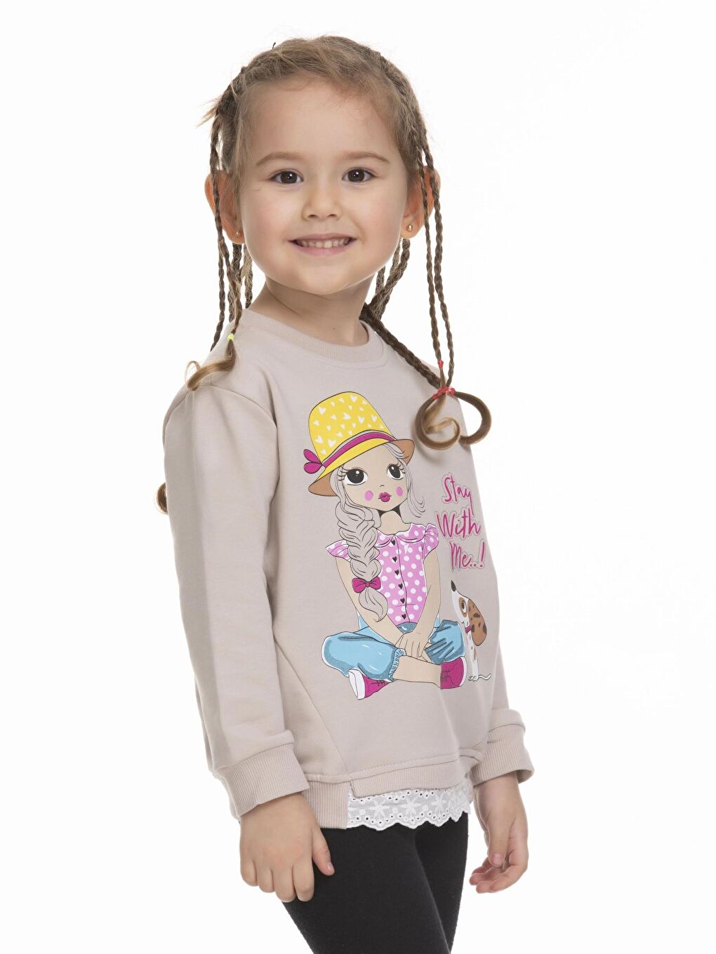 Bej Kız Baskılı Fistolu Sweat 6902-2