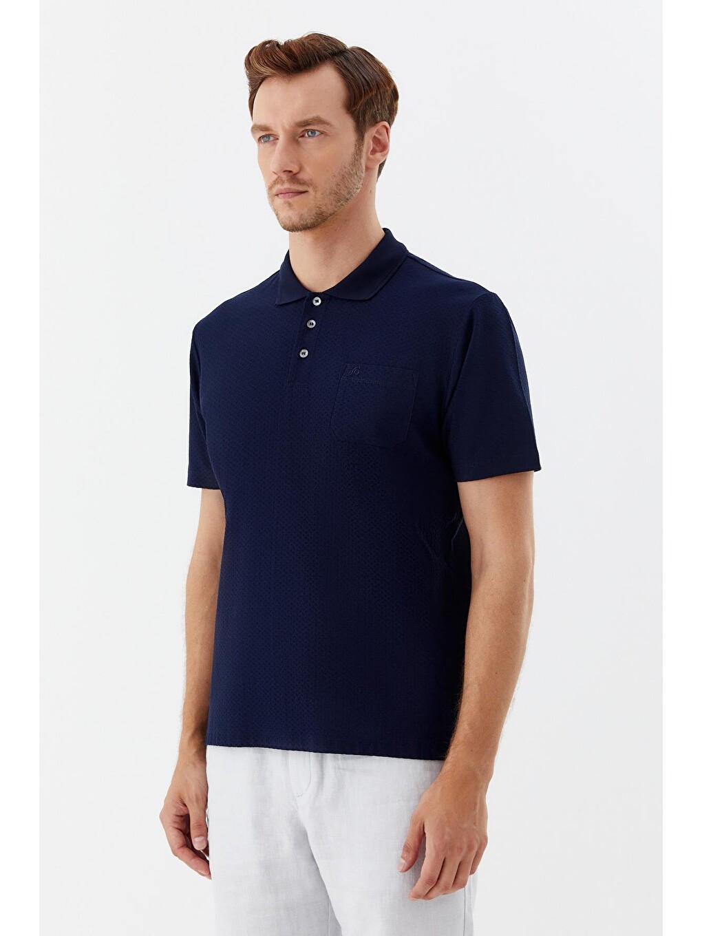 Düğmeli Polo Yaka Desenli Erkek Tişört Lacivert-2