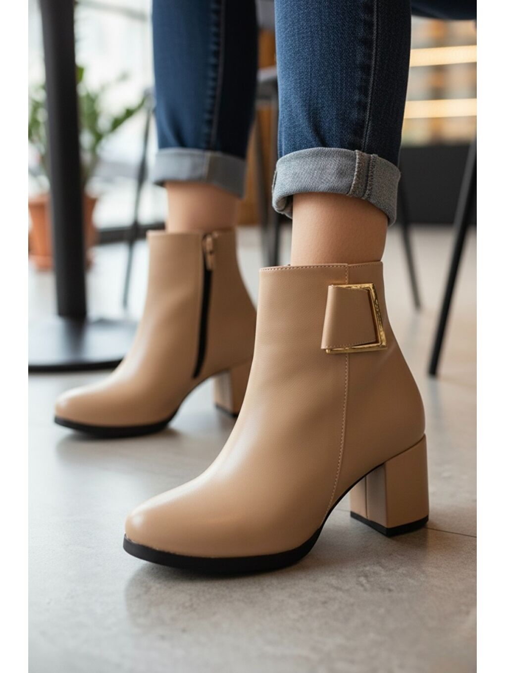 Bej Kadın Atina Nude Cilt Toka Detaylı Topuklu Kısa Bot