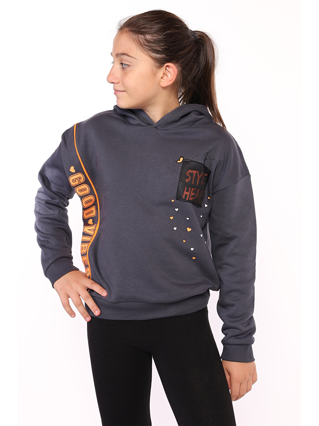 Gri Kız Çocuk İçi Pamuklu Baskılı Sweatshirt