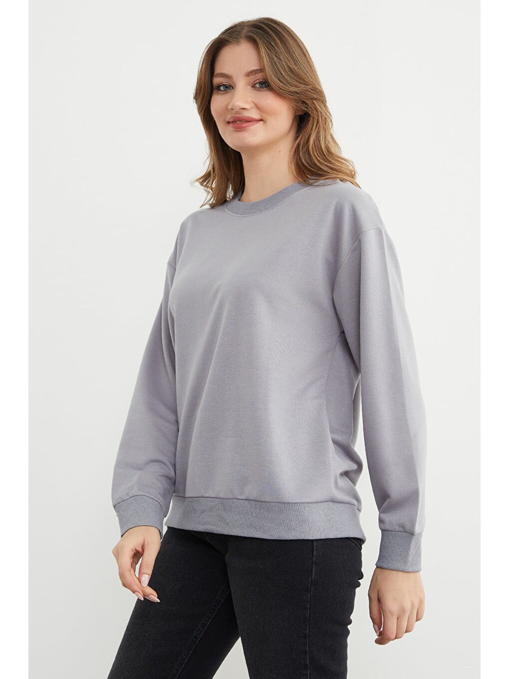 Gri Basic Bisiklet Yaka Sweatshirt-3