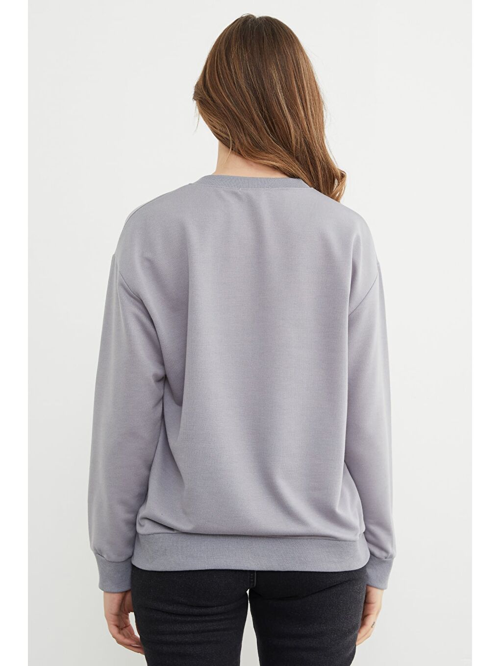 Gri Basic Bisiklet Yaka Sweatshirt-4