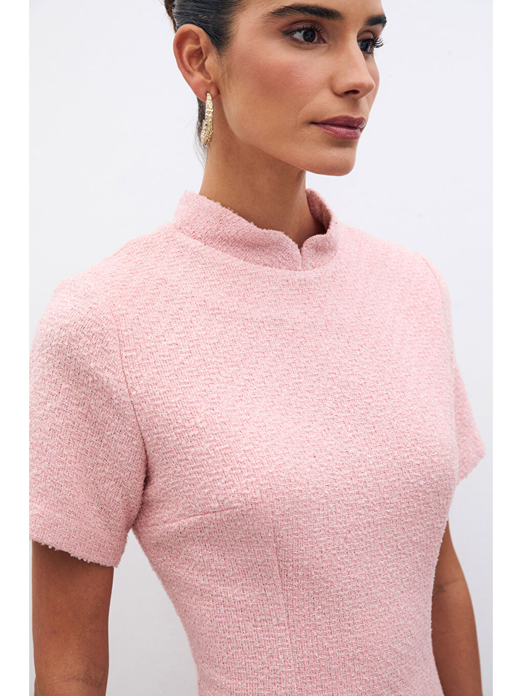 SATEEN Pembe Dik Yaka Tüvit Elbise - Pudra - 5