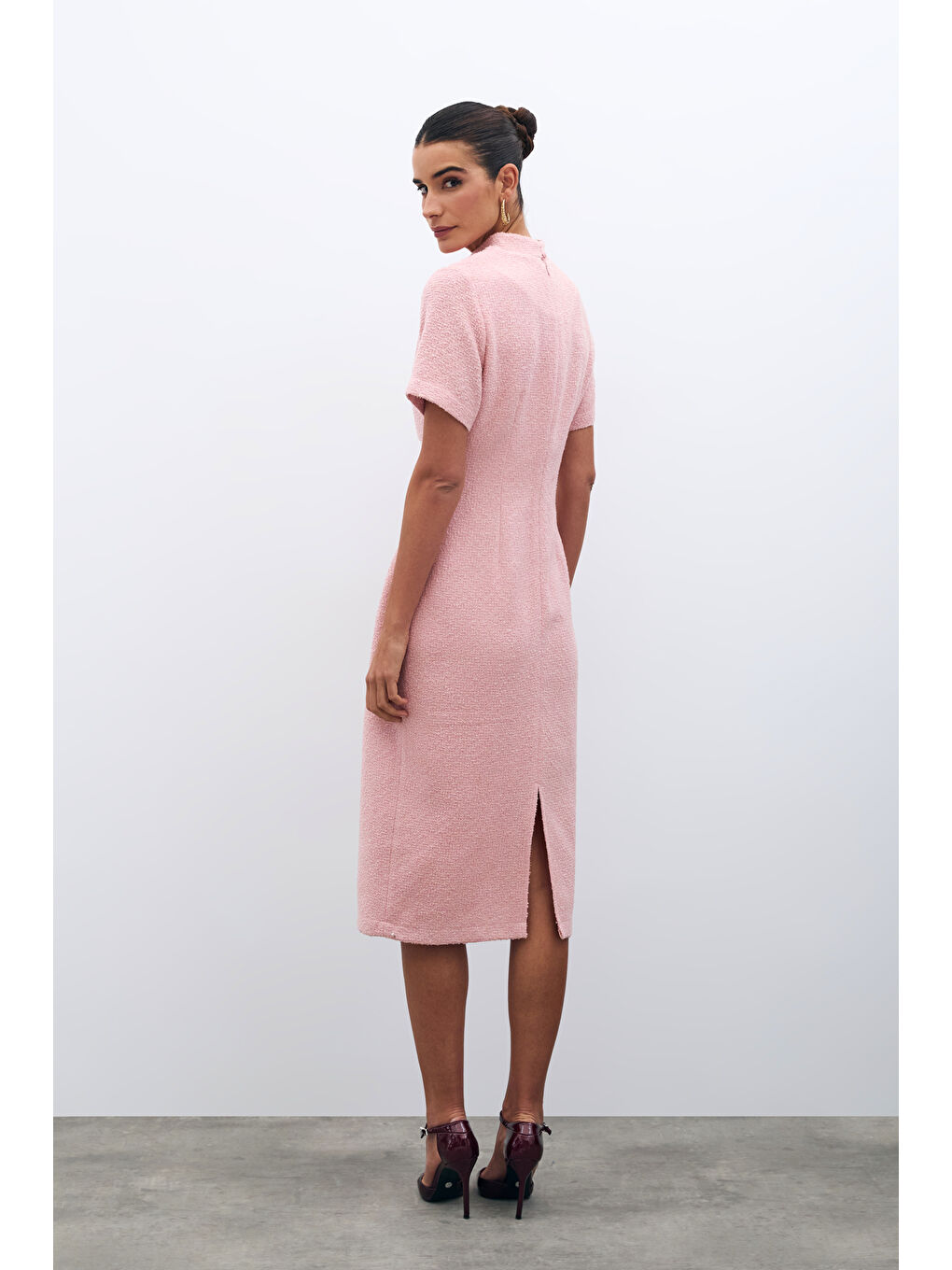 SATEEN Pembe Dik Yaka Tüvit Elbise - Pudra - 6