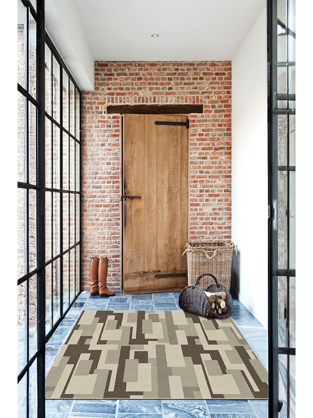 Bej Dekoratif Salon Halısı, Makinada Yıkanabilir, Kaymaz Taban, İnce & Modern Tasarım-4