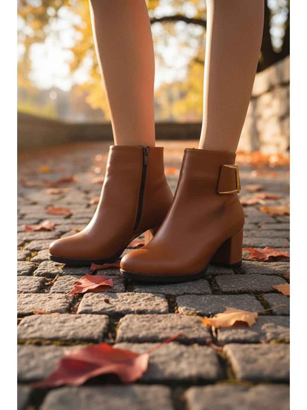 Kahverengi Kadın Atina Taba Cilt Toka Detaylı Topuklu Kısa Bot-1