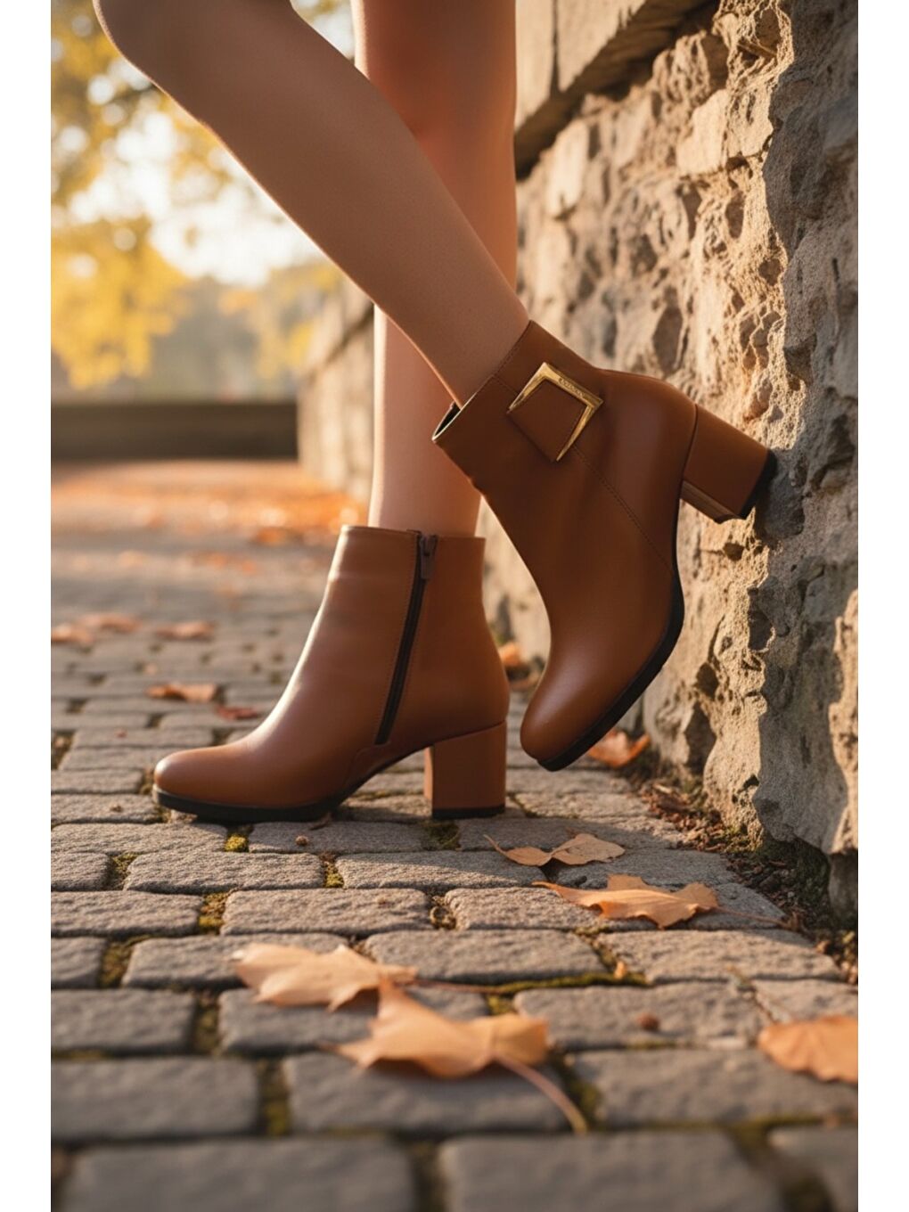 Kahverengi Kadın Atina Taba Cilt Toka Detaylı Topuklu Kısa Bot-2