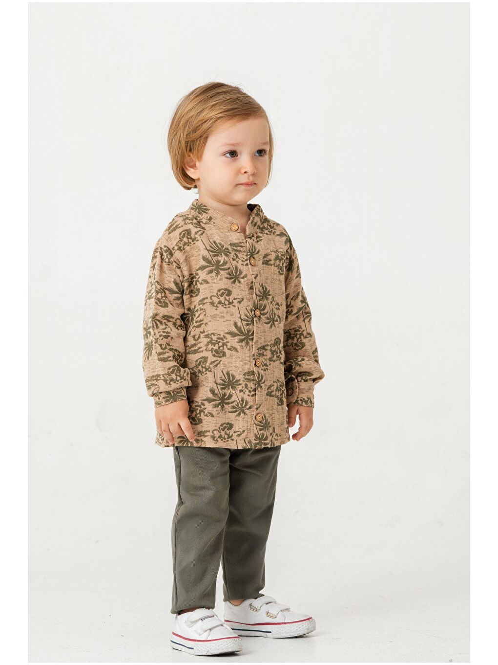 Turuncu Palmiye Desenli Müslin Gömlekli 2'li Alt Üst Takım-1