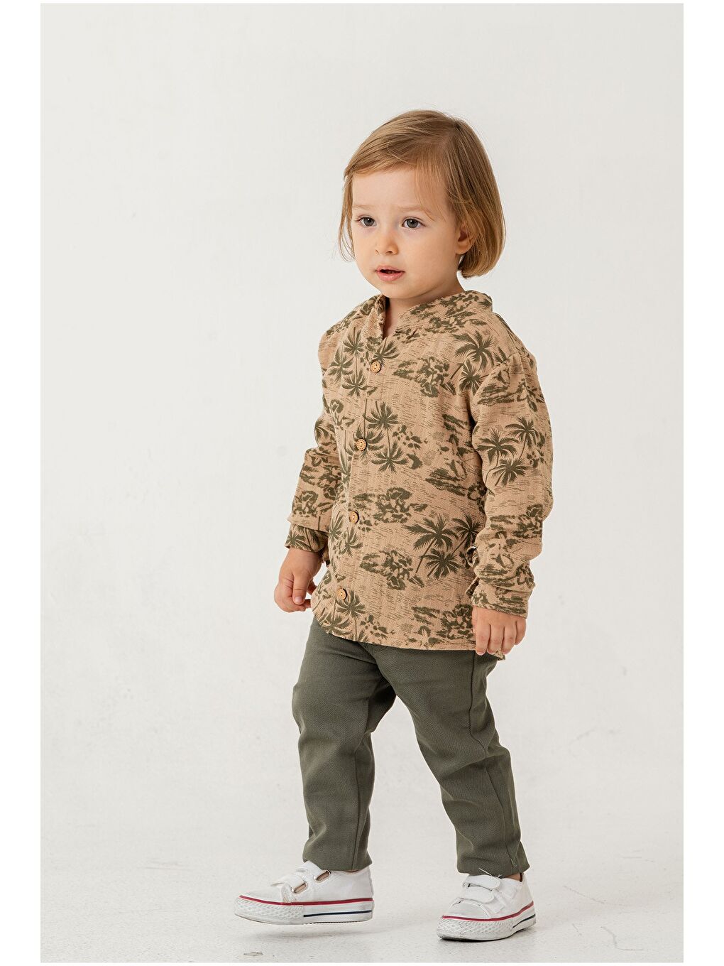 Turuncu Palmiye Desenli Müslin Gömlekli 2'li Alt Üst Takım-2