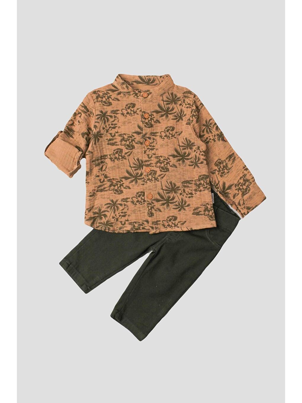 Turuncu Palmiye Desenli Müslin Gömlekli 2'li Alt Üst Takım-4