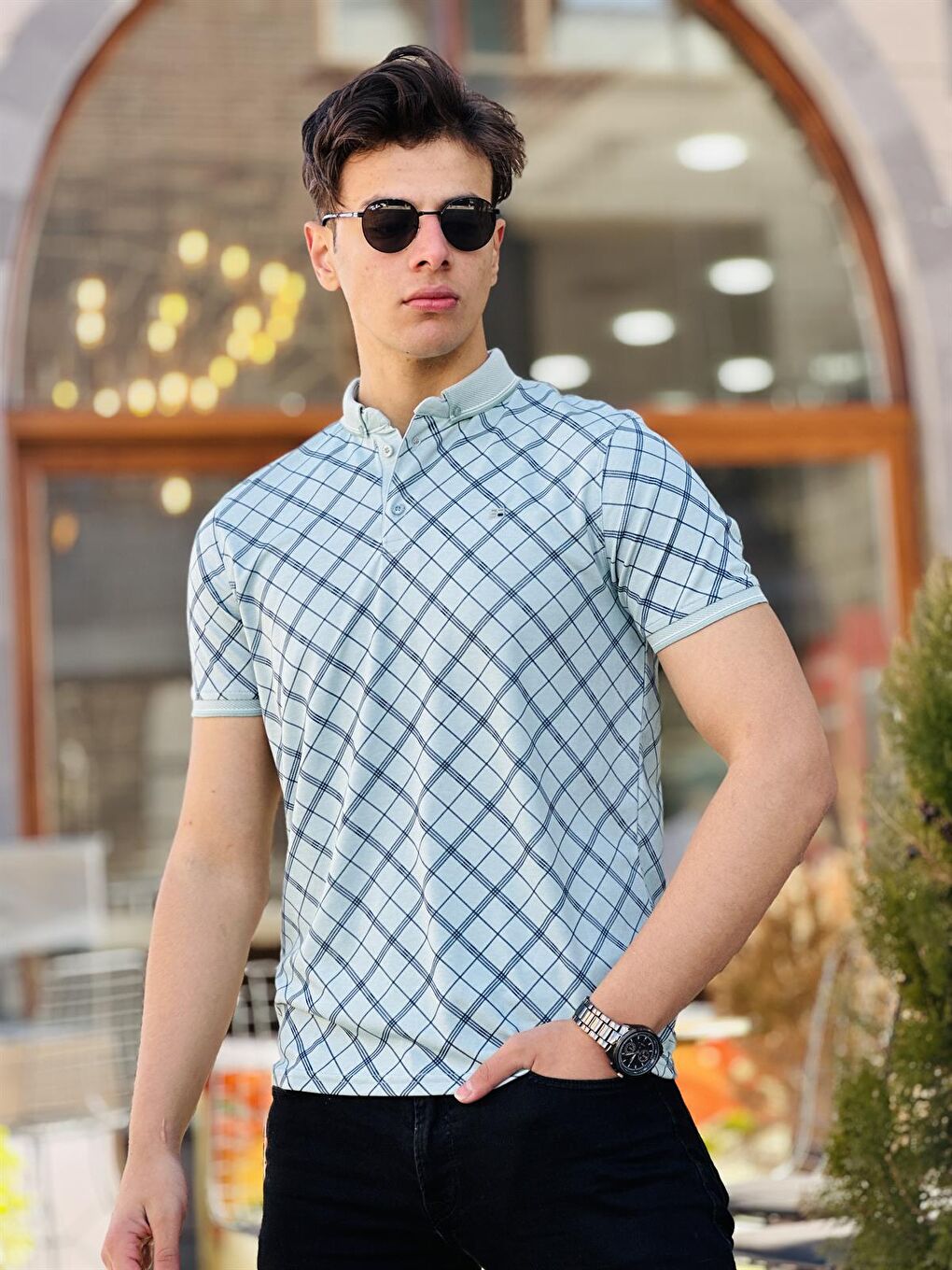 Yoğun Ekose Baskılı Polo Yaka Kısa Kollu Tişört 41228-Gri-1