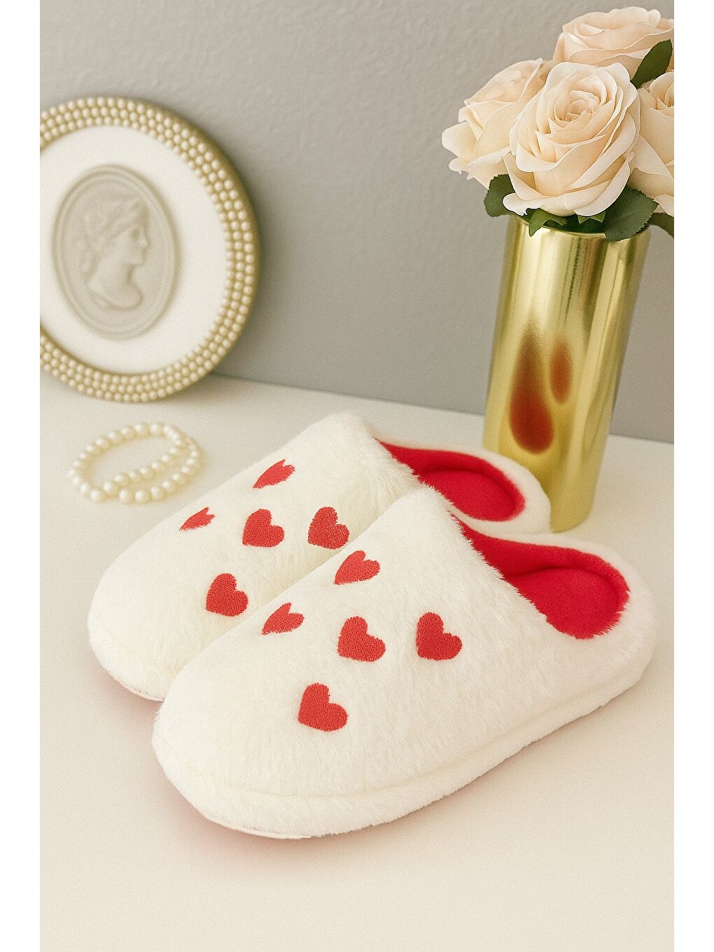 Ekru ELEGANT Kalpli Kadın Ev Terliği Günlük Rahat Kışlık Terlik-3