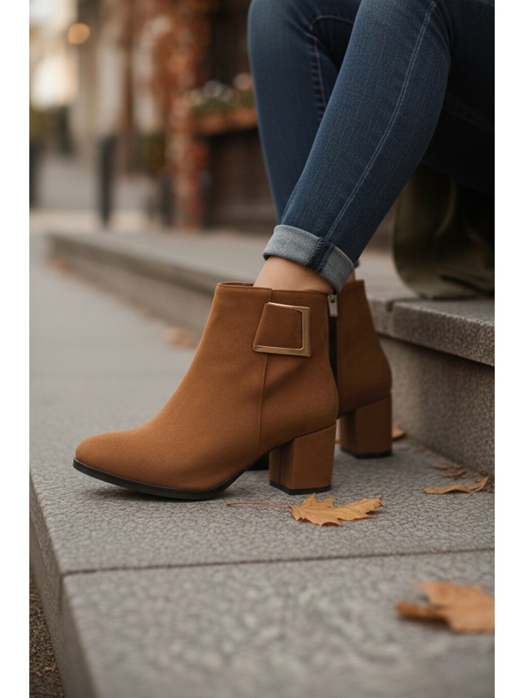 Kahverengi Kadın Atina Taba Süet Toka Detaylı Topuklu Kısa Bot