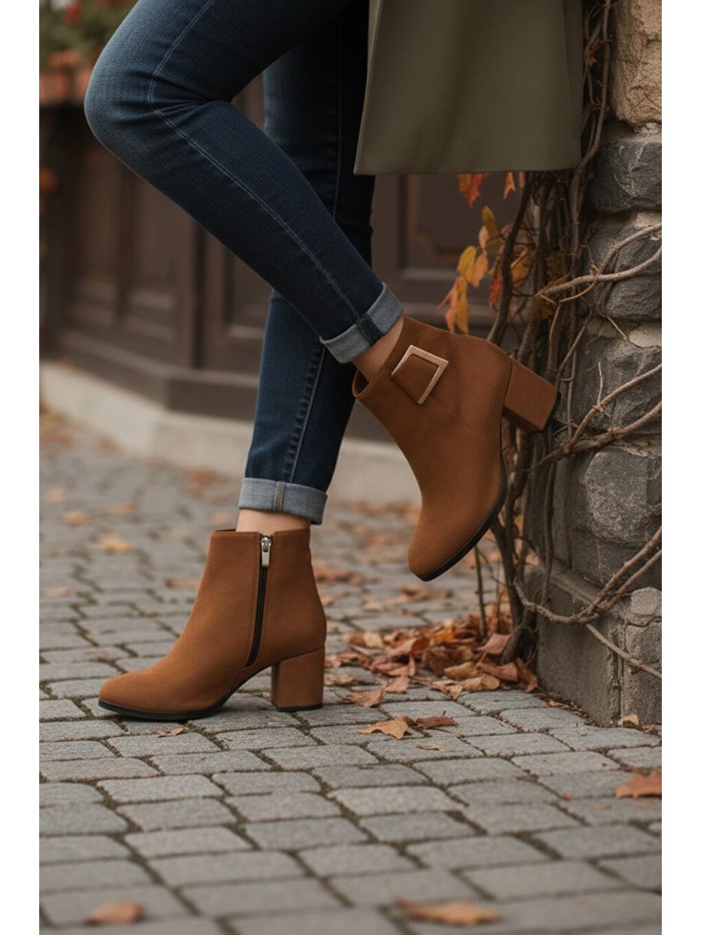 Kahverengi Kadın Atina Taba Süet Toka Detaylı Topuklu Kısa Bot-1